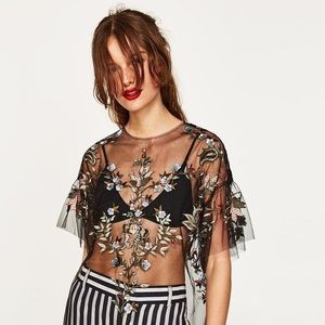 Zara Embroidered Tulle Top Blouse